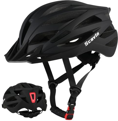 Scavin Adult Bike Helmet with Rear Light, EPS Foam, Adjustable Dial, Removable Visor - CPSC 1203 Certified Lightweight Bicycle Helmet for Urban-Commute, Road & MTB for Men/Women (Matte Black)
