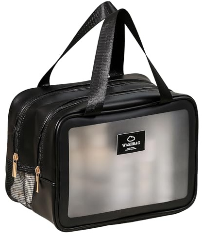 Heliar Large Travel Toiletry Bag with Dry Wet Separation–Waterproof Wash Bag for Man and Women, Clear & Matte shower bag for Gym, Overnight, Swimming, and Business Trips (Black)