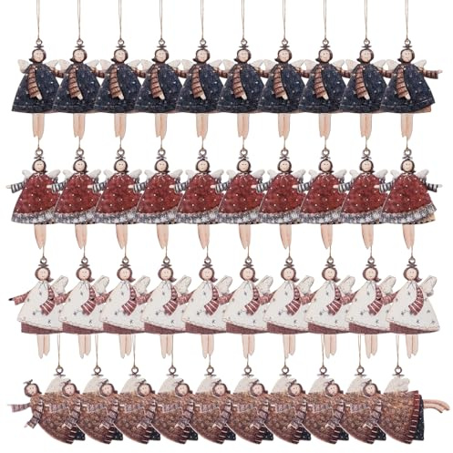 Sxutop 40 Stück Weihnachtsengel Anhänger Weihnachtsbaum Schmuck Engel Anhänger Weihnachten Deko mit Juteschnur Weihnachtsanhänger Engel Holz für Weihnachtsbaum Fensterschmuck Geschenke (4 Modelle)
