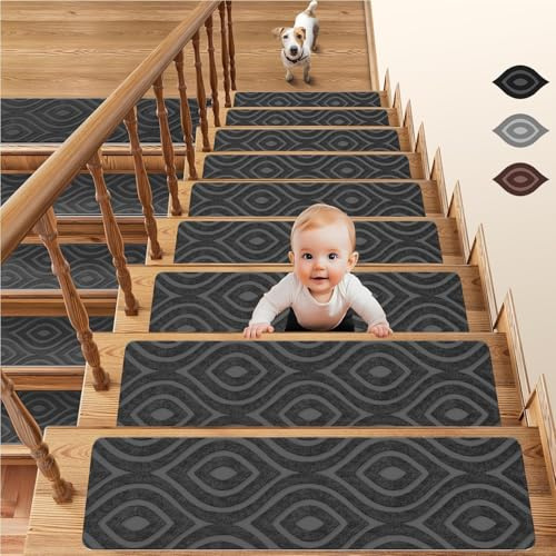 15 tappetini per scale in legno, 20,3 x 76,2 cm, adesivi per gradini delle scale, antiscivolo, riutilizzabili, per bambini, anziani e animali