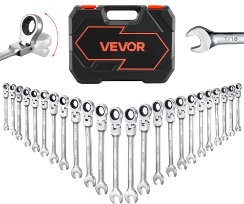 VEVOR Jeu de Clés Mixtes 24 Pièces, Clé Plate à Cliquet avec Tête Flexible, pour Réparation Domestique et Automobile Atelier, SAE et Métrique, 72 Dents, en Acier Cr-V, avec Coffret de Rangement