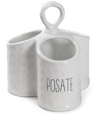 Porta Utensili - da Tavolo, per Posate, in Ceramica, Effetto Ondulato, con Scritta, Cucina, Bianco o Nero, Design Minimalista, Portaposate, Coltelli, Forchette, Cucchiai - 17 x 18 cm (Bianco)