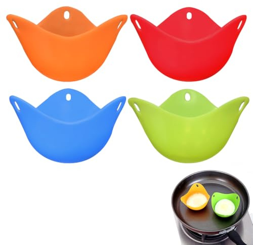 ACKKOR Set da 4 Cuoci Uova in Camicia in Silicone, Stampo per Uova in Camicia Antiaderente per Friggitrice ad Aria, Microonde e Fornello, Facile Rilascio e Pulizia (Arancione, Verde, Rosso, Blu)