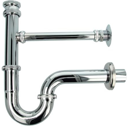 tecuro - Röhrengeruchsverschluss Siphon, mit Leckwasseranschluss, Anschluss 1 1/4 Zoll, inkl. Wandrosette Ø 65 mm, Messing, Hochglanz verchromt