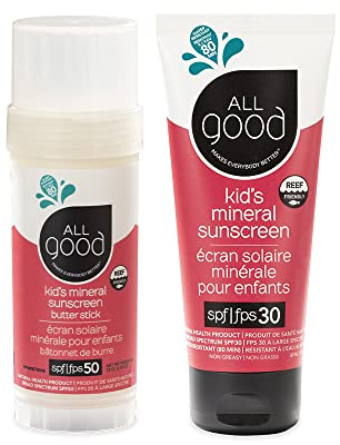 All Good Baby & Kids Mineral Face & Body Sunscreen - UVA/UVB Broad Spectrum, Coral Reef Friendly, Water Resistant, Zinc Oxide - SPF 50 Butter Stick & SPF 30 Lotion