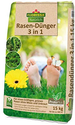 Florissa Natürlich 58794-15kg BIO Rasendünger 3 in 1 (15 kg) mit ProtoPlus und Eisen für einen dichten Rasen ohne Moos, Braun