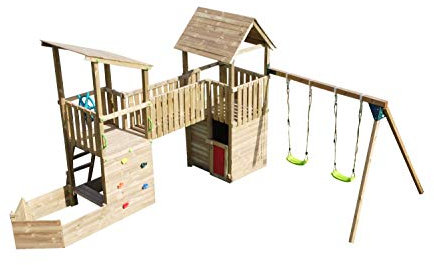 MASGAMES | Spielplatz Pacific | Zweisitzer Schaukel | Rutsche | Sandkasten in Bootsform | Kletterwand | Duplex-Haus | Hausgebrauch |