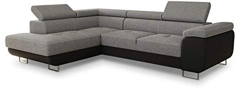Ecksofa Caris mit Schlaffunktion und einstellbare Kopfstützen, Wohnlandschaft mit Bettkasten, Couch, Sofa, Bettsofa (Schwarz + Grau (Soft 011 + Sawana 21), Ecksofa Links)
