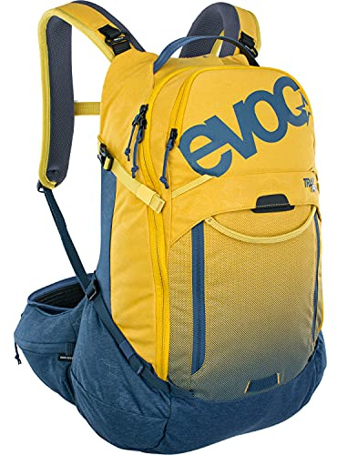 EVOC TRAIL PRO 26l Protektor Rucksack für Fahrradtouren, Backpack (LITESHIELD PLUS Rückenprotektor, leichter Fahrradrucksack, breite Hüftflossen, 3l Trinkblasenfach, Größe: S/M), Curry/Denim