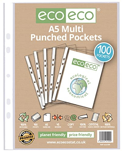 eco-eco Eco109 Klarsichthüllen, A5, 100% recycelt, mehrfach gelocht, transparent, Poly-Hülle, 45 Mikrometer, 100 Stück