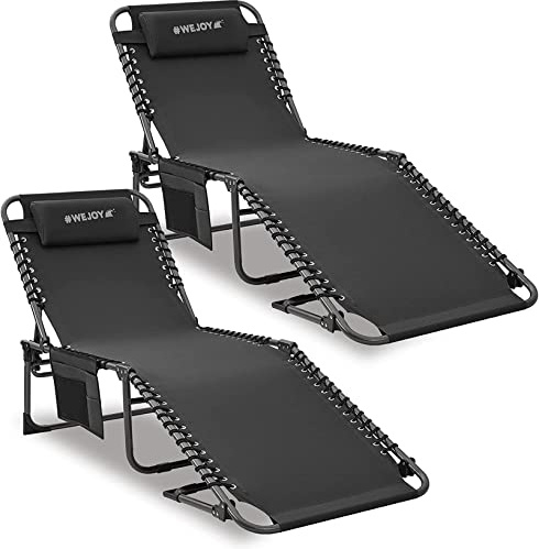 #WEJOY Set med 2 campingstol, solsäng med sidoficka och kudde, bärbar och lätt liggstol med trebensfot upp till 120 kg, 190 x 59 x 34/37 cm, för utomhusbruk, resa, trädgård