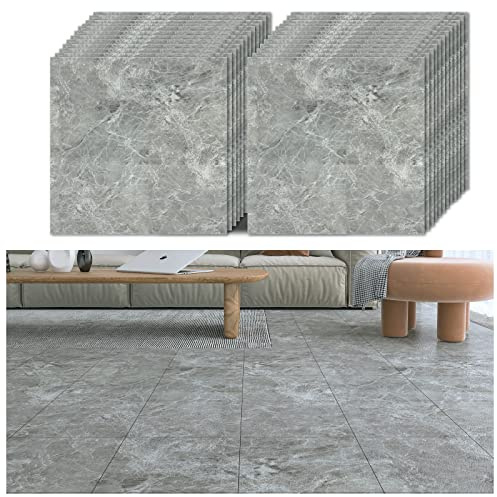 VEELIKE Grey Vinyl Flooring Self Adhesive Floor Tiles Marble Tiles Sticker Vintage Kitchen Flooring Stick on Floor Tiles for Bathroom Waterproof Living Room 1.5mm 30cm x 30cm 24 Pieces
