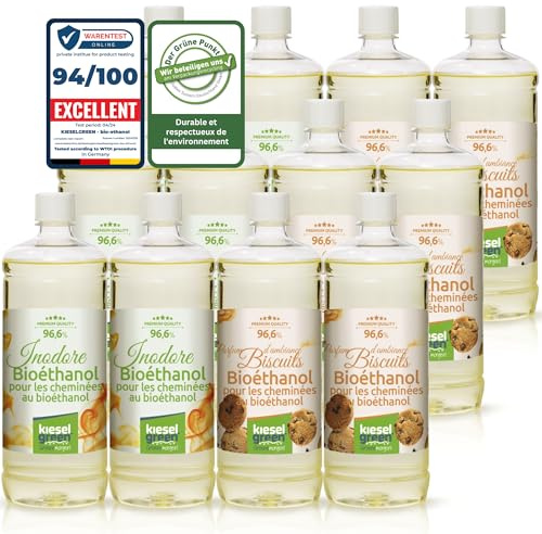 KieselGreen Bioéthanol 12 x 1 Litre Set (6x avec Parfum + 6x Inodore) pour Cheminée à l'éthanol - Bioéthanol comme Parfum - pour Cheminée à l'éthanol Bio intérieur ou feu de Table au Bioéthanol C