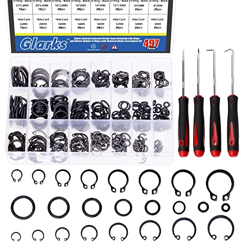 Glarks 499Pcs 8-Größen Legierter Stahl Externe Halteclip Ringe Interne Circlips Snap Halteringe und Gummi O-Ringe mit Präzisionshaken und Pick Sortiment Kit, metrische Größe