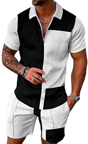 Osheoiso Trainingsanzug für Herren Sommer Sportanzug 2 Teiliges Bedruckter Outfit Set Kurzarm Casual Polo T-Shirts mit Revers + Kurze Hose Freizeitanzug für Männer