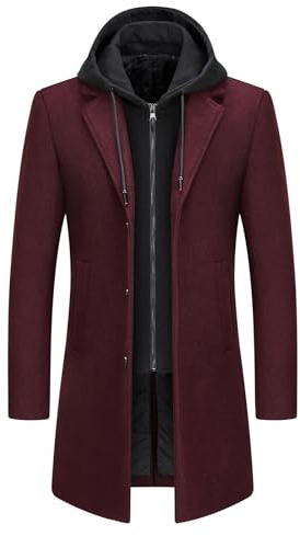 KUDMOL Herrkappa i ull med avtagbar huva varm lång trenchcoat för vinter parkas herrkappa smal passform
