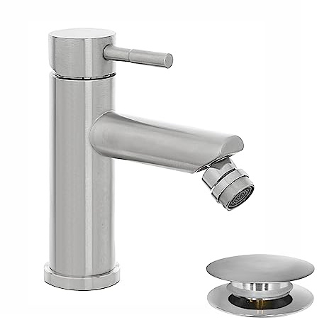 Miscelatore per bidet bagno monocomando, in acciaio inox spazzolato, con piletta click clack satinata, YORK