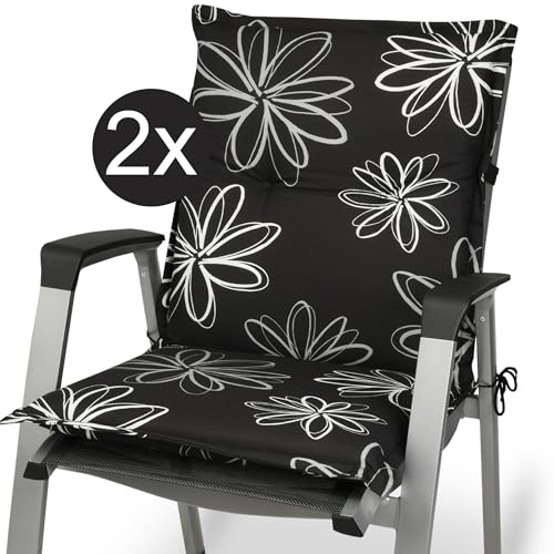 Beautissu Niedriglehner Auflagen 2er Set für Gartenstühle Niederlehner | 100x50cm schwarz mit Blumen Sitzpolster Gartenstuhlauflage Sitzkissen Outdoor UV-Lichtecht Stuhlauflage Garten Flores