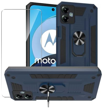 MIBZOR Funda Compatible con Motorola Moto G14 (6.5), 1 Azul Caso con 1 Piezas Vidrio Templado Protector de Pantalla, Carcasa con Soporte rotativo de 360° Anti-Caída PC + TPU Case