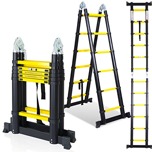 Randaco 3,8 m (1,9 +1,9) Teleskopstege fällbar stege aluminium, halkfri multifunktionsstege bärbar aluminium teleskopstege maximal belastning 150 kg, svart gul