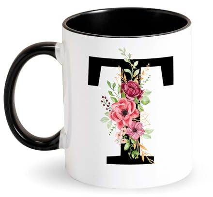 KaffeeTasse mit Buchstabe, Tasse mit Initial Blumen, Personalisiert Geschenke für Beste Freundin Tochter Mama Oma Schwester Gattin Lieblingsmensch Verliebte Frauen zum Geburtstag Muttertag (T)