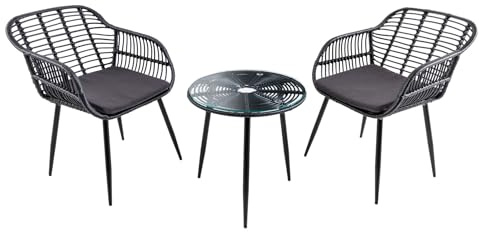 Riess Ambiente Balkon-Set Paris - 57cm - schwarz - Polyrattan Sitzgruppe | Kissen inklusive, pflegeleichte Oberfläche, waschbare Bezüge, wetterfest, Glastisch, outdoor, 2 Sitzplätze, stabil