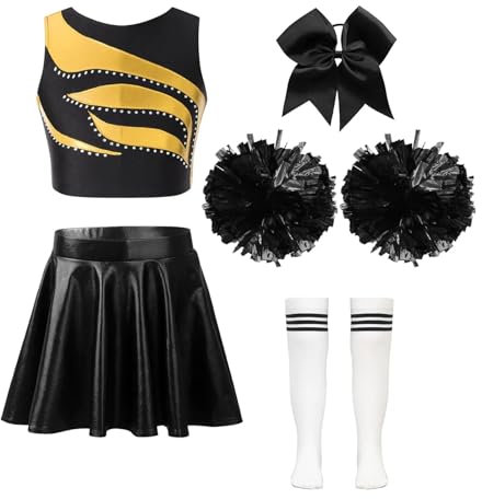 TIYGHI Cheerleading Uniformen Kinder Mädchen Cheerleading Outfits Cheerleader Uniform Ärmelloses Patchwork Crop Top Metallic Rock Kopfbedeckung Hand Blumen Socken (Color : A Gold White, Size : 6)