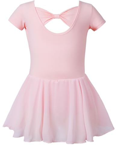 Invalidism Pink Girls Ballet Dress Short Sleeve Ballet Outfit Gymnastics Ballet Dance Leotard With Bow Cotton For Girls 3-10 Years(120CM)