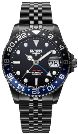 Elysee Herrenuhr GMT PRO. 40 mm 20 ATM Herren zweite Zeitzone, Verschraubte Krone, Leuchtzeiger, Datumsanzeige schwarz 80590, 80591, 80592, 80593, 80594, 80598, 80599, 80600, 80615