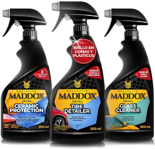 Maddox Detail - Kit para Cuidado Exterior | 1 Tire Detailer para Neumáticos, 1 Protección Cerámica para Pintura y 1 Limpiador de Cristales | Brillo, Resistencia y Claridad en Cada Detalle | 3x500 ml.