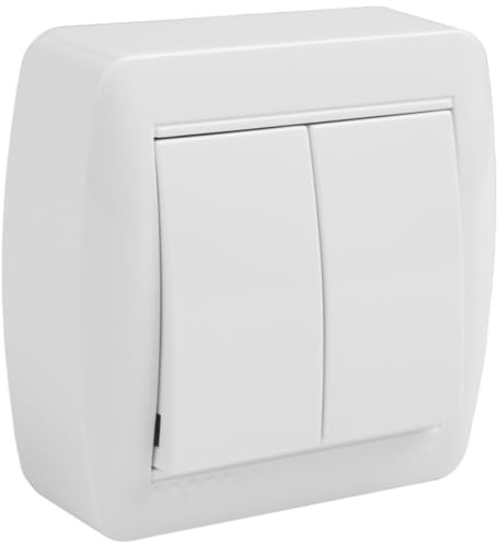 Doble conmutador de superficie, serie mural, 2 posiciones, 220-240V, ideal para controlar la iluminación en espacios diversos.