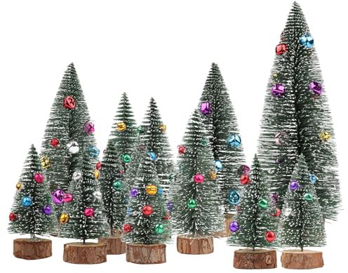 TaoQ C 12 PCS Mini Christmas Trees Small Sisal Trees Artificial Mini Christmas Trees Christmas Bottle Brush Trees with Wood Base and Small Bell for Home Table Decor Winter Christmas Party Decor