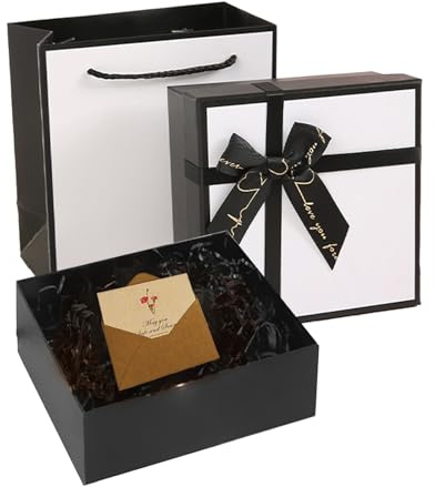 NCCHDZSW Geschenkschachtel mit Schleife Geschenkverpackung Geburtstag Faltbare Geschenk Box Geschenkbox Schwarz mit Geschenktüte Grußkarte Raffia Geschenkboxen für Geschenke Valentinstag Geburtstag