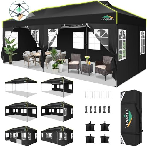 COBIZI Tonnelle Barnum Pliante 3x6 Pop up Tonnelle de Jardin Exterieur Imperméable Tente de Reception avec 6 Panneaux Latéraux Chapiteau avec Ventilation pour Camping Sac de Transport, Anti UV, Noir