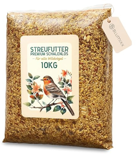 Blumixx Wildvogelfutter Streufutter schalenfrei – ganzjähriges Vogelfutter ohne Schalen – Premium Mix mit Haferflocken, Erdnüssen & geschälten Sonnenblumenkernen – Fütterung für Wildvögel - 10kg