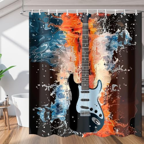 Mexpekil Cortina de ducha con ganchos, guitarra electrónica, resistente al agua y al fuego, tela de poliéster, 122 x 183 cm, lavable a máquina, ideal para bañeras, baño, decoración del hogar
