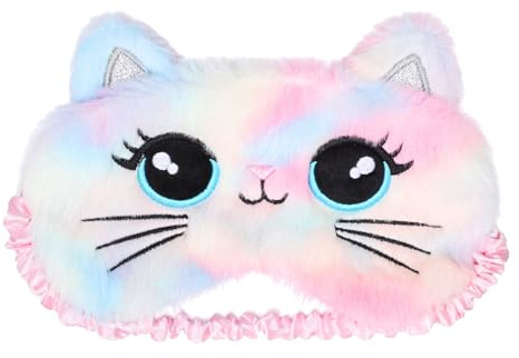 Schlafmaske Kinder, 3D Plüsch Augenmaske Weiche Schlafbrille | Flauschige Augenbinde für Nickerchen Reisen Pyjamaparty, Weihnachtsgeschenke für Kinder Frauen (Regenbogenfarben,Katze)