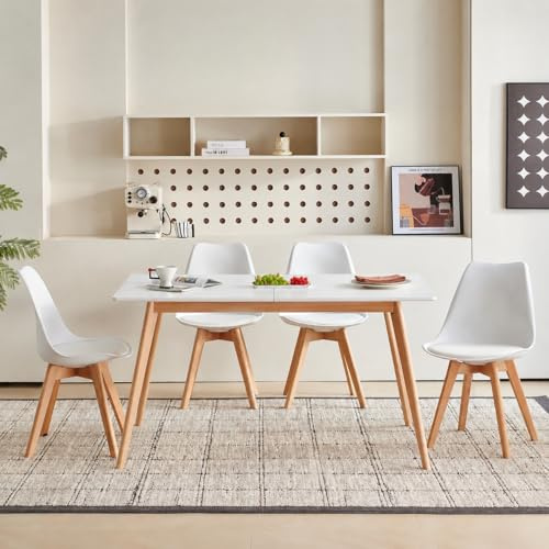 H.J o matbord utdragbart med 4 stolar, matsalsgrupp, rektangulärt köksbord och set om 4 matstolar, matgrupp för vardagsrum, kök, kontor (120–160 cm vitt bord + 4 vita stolar)
