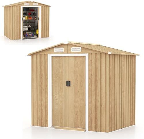 COSTWAY Casetta da Esterno 2,34㎡, Capanno Porta Attrezzi con Porte Scorrevoli, Maniglie, Sfoghi e Tettoia, Casetta da Giardino in Lamiera di Acciaio e Lamiera Zincata (196 x 142 x 186 cm)