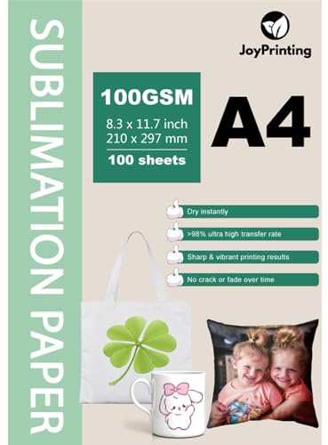 JoyPrinting Carta per sublimazione compatibile con stampanti a sublimazione EPSON, SAWGRASS, RICOH, Brother (A4, 210 x 297 mm, 100 fogli, 125 g/m²)