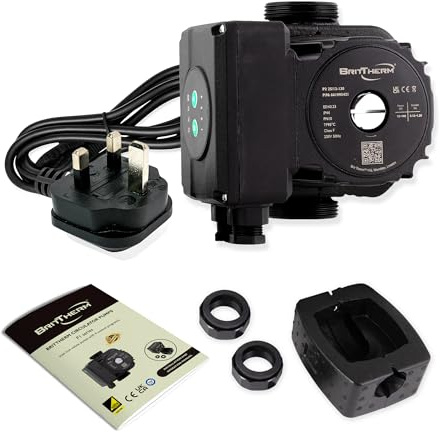 BritTherm P2 25/12-130 A-Rated Central Heating Circulating Pump | 12m Head, 6.8 m3/h Max Flow, EEI <0.23 | 9 Auto Programs, 130mm Port-to-Port, 1 1/2 Connections