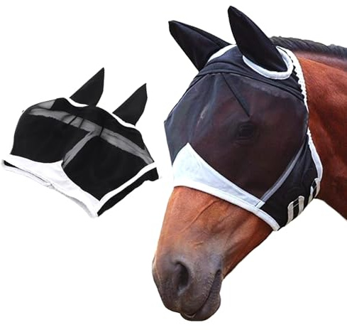 Maschera Mosche Cavallo, Gloryit Maschera per Mosche per Cavalli con Orecchie, Maschera Antimosche per Cavallo, rete Traspirante, Anti-UV, Mosca, Zanzare (M)