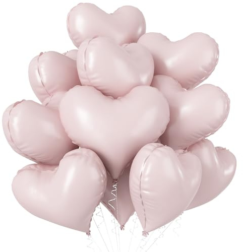 Froova 20 Inch Pink Heart Balloons, 10 Pcs Dusty Light Baby Pink Boho Heart Shape Foil Mylar Balloon for Women Birthday Bridal Engagement Valentines Day Party Decorations Supplies