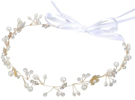 CABODYALS Couronne de Cheveux en Perles de Fleurs Blanches Perles Dorées Serre Tête de Vigne Style Bohème Vintage Bijoux de Mariée en Cristal Bandeaux pour Femmes Robes de Mariée Accessoires de Fête e