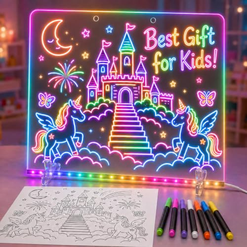 LED Zeichenbrett für Kinder, großes 40 x 30 cm Leuchtbrett mit 8 Farben & 4 Lichtmodi, einstellbare Helligkeit, 7 bunte Stifte, 2 Ständer & Reinigungsset, Geschenkidee für Mädchen & Jungen ab 3 Jahren