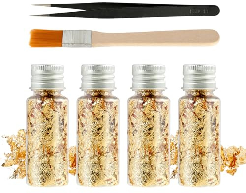 4 PCS Flaschen Gebäck Blattgold Flocken mit Pinzette, Essbares Blattgold Flocken für Kuchen, Desserts & Schokolade, Premium Tortendeko Gold für Geburtstag, Tortendeko Hochzeit & Backen