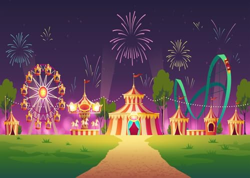 CORFOTO 5.2x3m Sfondo per la notte di carnevale, luna park, parco divertimenti, fuochi d'artificio, tendone da circo, sfondo fotografico, decorazioni per compleanni a tema carnevalesco