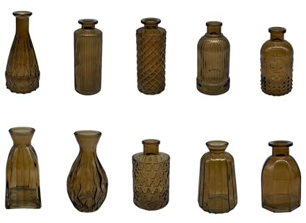 Relaxdays Vaser, set om 10 strukturerad, vintage-design, glas, H: 10–14,7 cm, små dekorativa vaser för bordsdekoration, brun