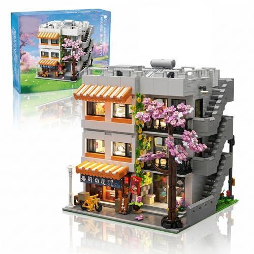 Mocbuiie Japanisches Haus Klemmbausteine mit Licht & 5 Figuren | 3911 Teile Japan Apartment mit Sushi-Restaurant, Gebäude Bausatz mit Kirschblüten für Erwachsene, Youmko YM003