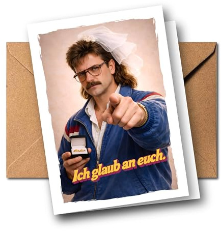 Lustige Hochzeitskarte „Ich glaub an euch“ – Humorvolle Glückwunschkarte zur Hochzeit für Brautpaar – Freche Karte von Freunden oder Familie – Retro Nerd Design – Klappkarte A6 mit Umschlag (Nerd)